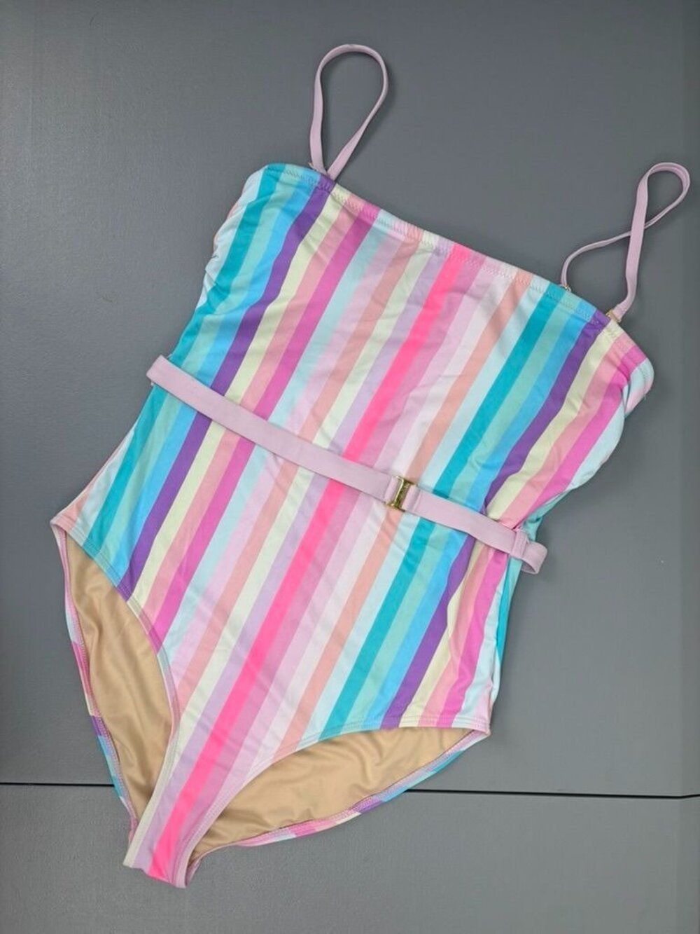 Beach Joy women's medium pastel rainbow striped one piece swimsuit belted - Picture 3 of 10